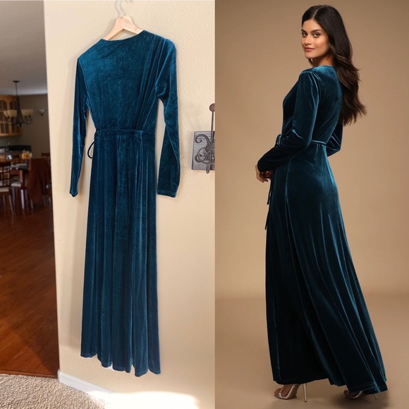 🆕 Teal Blue Longsleeve Velvet Wrap Maxi Dress 🌿 - Picture 2 of 12